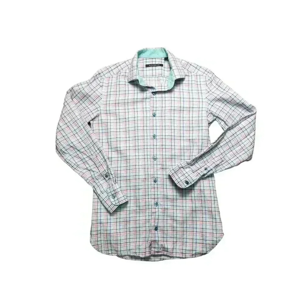 Hammer Made Men’s Multicolor Plaid Linen Cotton Button-Up Slim Fit Size 38/15